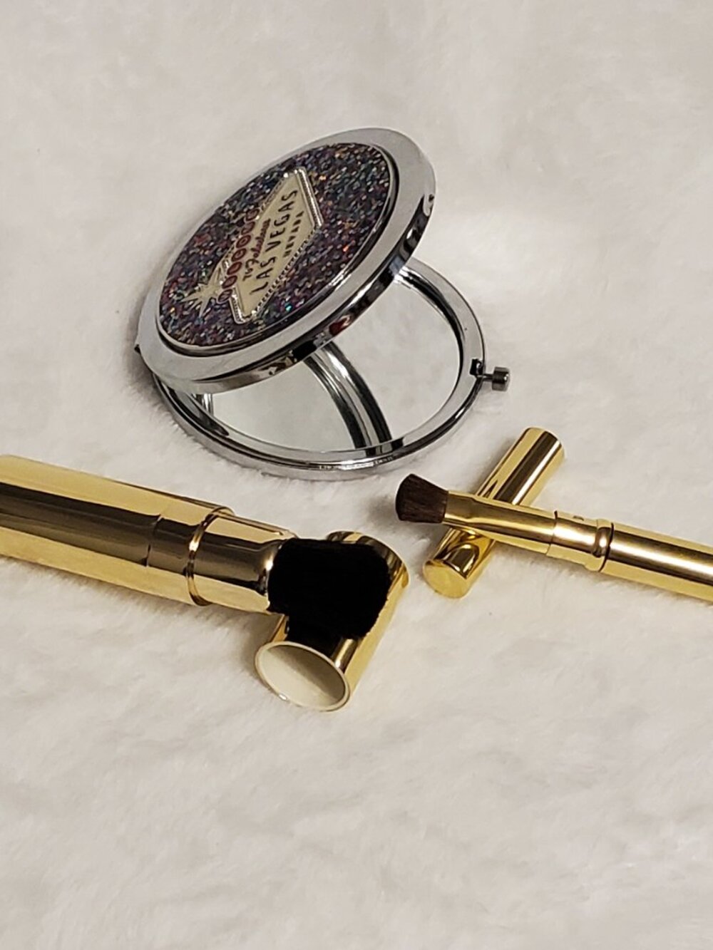 2 Gold Clinique retractable make up brushes & magnify purse mirror bundle